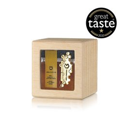 Wooden gift box containing 120g of honey from wild herbs and thyme. The honey is presented in a rustic wooden box with a label featuring a bee design.