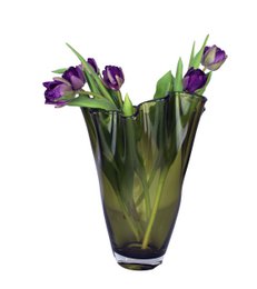 Vase glas bølget olivengrøn bordvase glasvase 21x21x30cm