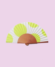 Stylish black and white floral pattern hand fan with orange wooden frame. Elegant and chic accessory for any occasion.