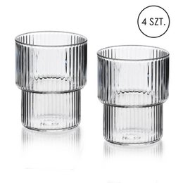  Set of 4 borosilicate glass water glasses, 320ml capacity, 8x7x9.7cm in size, with a striped vertical pattern design.
