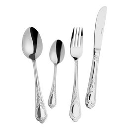 Polished stainless steel cutlery set with a classic Rococo design, available in 30-piece or 60-piece sets.