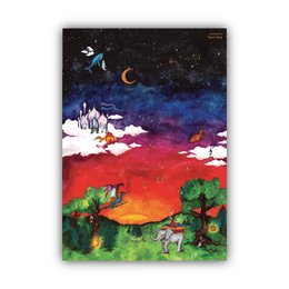 Colorful landscape poster with a dreamer theme, featuring a night sky, clouds, and a serene countryside scene with trees and animals.