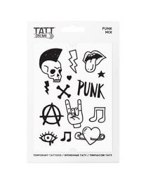 Punk-themed temporary tattoos featuring a skull, anarchy symbol, music notes, and other punk rock icons. The tattoos have a bold, edgy style that would appeal to fans of punk music and fashion.
