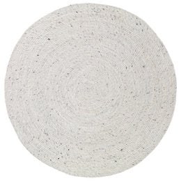 A round, off-white felted wool rug with a textured, speckled surface and a natural, earthy appearance. The rug has a simple, minimalist design that would complement a variety of decor styles.