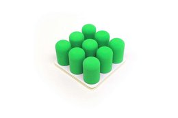 A set of 9 green cylindrical objects arranged in a 3x3 grid pattern. The objects appear to be made of a soft, spongy material and are likely used as storage or organization tools.
