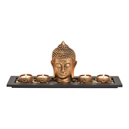  Decorative Buddha statue with 4 tealight holders, wooden tray, and decorative stones. Made of poly gold material. Dimensions: 41 x 17 x 11 cm.