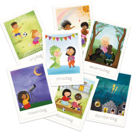 The product is a set of cards with illustrations depicting the days of the week and seasons. The cards feature colorful, whimsical illustrations of children and nature, representing the different days and seasons. The description should focus on the visual elements of the cards, such as the colors, shapes, and scenes depicted, to provide enough information for a semantic search.

Description: This set of cards features colorful illustrations of the days of the week and seasons. The cards depict whimsical scenes of children interacting with nature, such as a child playing under a tree or a child gazing at the night sky. The illustrations use a variety of vibrant colors and shapes to represent the different days and seasons, including a sun, moon, and various plants and animals. The cards would be suitable for educational or decorative purposes, providing a visually engaging way to learn about the days of the week and seasons.