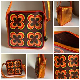  Square shoulder bag, retro geometric circles pattern, orange brown leather, vintage style cross-body bag