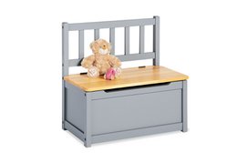  Grey and natural children's bench with storage compartment.
