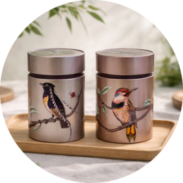 Decorative metal storage boxes with mandala pattern, available in two sizes, suitable for storing small items.