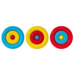 Colorful sensory toy with circular shapes in blue, yellow, and red. Designed to stimulate visual and tactile senses.