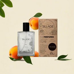 Vegan Eau de Parfum - Peach, Please! is a peach-scented perfume from the Sillage brand. The perfume bottle features a minimalist glass design, and the packaging has a natural, earthy aesthetic with a floral pattern.