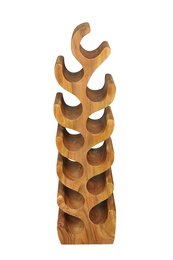Wooden wine shelf with curved, organic design. Features multiple tiers to hold multiple bottles. Made of natural, warm-toned wood material.