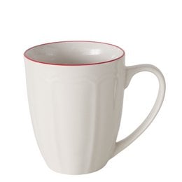 White ceramic mug with red rim, cylindrical shape, 330ml capacity, modern minimalist design