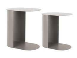  Oval side table set, modern minimalist design, gray taupe color, curved geometric shape, contemporary furniture pair.
