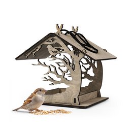 Wooden hanging bird feeder with decorative tree and bird silhouette design. Made of natural wood materials.
