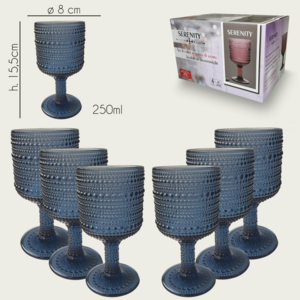 Arca Serenity Wijn/Waterglas op voet 250ml, blauw, set van 6 stuks, verpakt in een giftbox