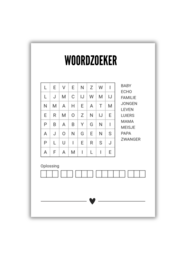 A black and white image of a word search puzzle titled "Woordzoeker" (Dutch for "Word Search"). The puzzle contains various Dutch words related to babies and family members.