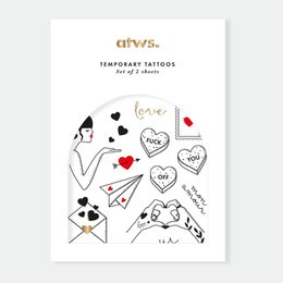 Temporary tattoo set featuring various love-themed designs including hearts, arrows, and text. Ideal for expressing affection and adding a playful touch to any outfit.