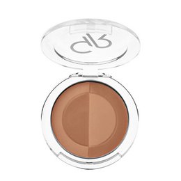  "Mineral bronze powder, warm bronze and copper tones, round compact case, shimmery finish, face contouring makeup"