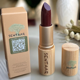  Deep burgundy mineral lipstick, natural wooden tube, vegan moisturizing lip color, eco-friendly packaging