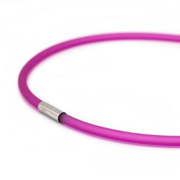 Bright pink rubber chain choker necklace, available in medium, large, and x-large sizes with silver or gold metal accents.