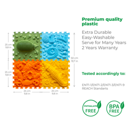  A set of 4 durable, high-quality plastic sensory toys in various shapes and colors, including green, blue, and orange. Suitable for children's play and development.