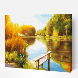 A serene landscape painting depicting a tranquil pond surrounded by vibrant autumn foliage and a wooden dock.