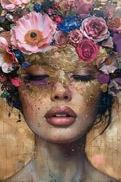 "Woman face portrait with pink roses, blue flowers, floral art, mixed media painting"
