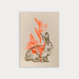  A postcard featuring a rabbit with daffodils in a risography style. The image shows a brown rabbit sitting among vibrant orange flowers against a light background.