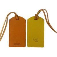 K0041LRB | Made in Italy two-tone luggage tag in genuine full-grain leather, grained dollar - Orange/Yellow - Dimensions: 6.5 x 12 cm - Packaging: rigid bottom/lid Gift Box