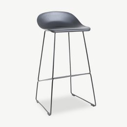  Black and steel bar stool with a curved, minimalist design.