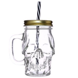 Glass Skull Drinking Jar with Metal Lid & Stripy Straw