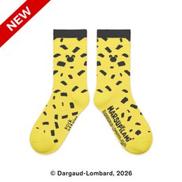  Yellow kids socks with black Marsupilami character pattern, playful cartoon design for children