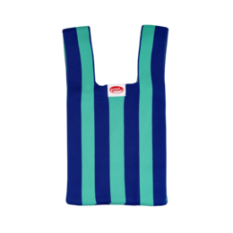 Blue and green striped vertical tote bag with Kitsch Kitchen branding.