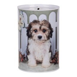  A round, white metal money box featuring a cute puppy with a butterfly and floral accents. The puppy appears to be a Havanese or similar breed with a fluffy, curly coat. The money box is approximately 10 cm in diameter and 15 cm tall.