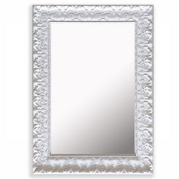 A large, ornate white wall mirror with an intricate, carved frame. The mirror has a rectangular shape and is suitable for use in a variety of interior design styles.