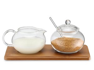 Zucker-/Sahne Set Glas mit Bambustablett