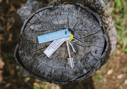 Rectangular enamel keyring in white, red, deep navy, cobalt blue, deep lemon, and india green colors. Measures approximately 8x2 cm.