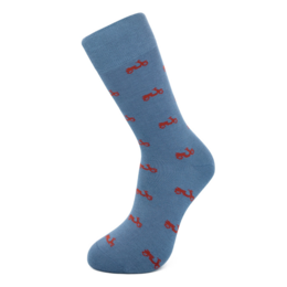 Blue and red bamboo socks with a pattern of red scooters.