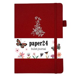 A5 size dot grid notebook with a red cover featuring a floral and butterfly design.