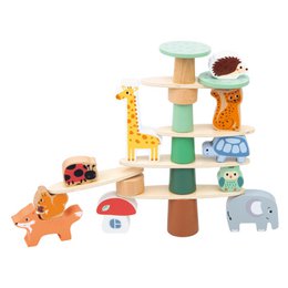  Wooden balance game with colorful animal-shaped blocks and stacking pieces. Includes various shapes, textures, and colors for imaginative play.