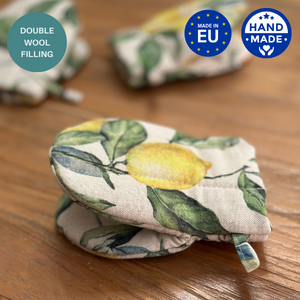 Ofenhandschuh klein mit doppelter Wollfüllung, Leinen-Baumwoll-Mischung, bedruckt | Zitronenleinen
