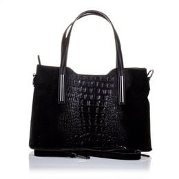 Black leather tote bag with crocodile embossed pattern, suede accents, and silver hardware.