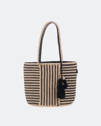  Striped tote handbag, black and beige horizontal stripes, woven material, shoulder bag with handles.