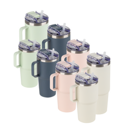  Stainless steel thermos tumbler in various sizes and colors, including 0.6L and 0.9L options in pink, white, navy blue, and mint.