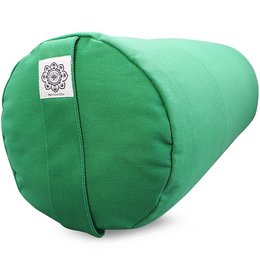 A green cylindrical yoga bolster made of dyed cotton twill fabric. It is a meditation pillow designed for yoga and relaxation practices.