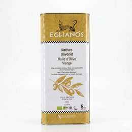  Golden virgin olive oil in rectangular metal canister with olive branch illustration and checkered band design.