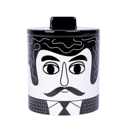 Black and white storage jar with a stylized face design, suitable for storing kitchen items.