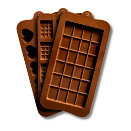 Silicone chocolate molds in a 3-piece combo set. Rectangular molds with square cavities for making homemade chocolates, candies, and other treats.
